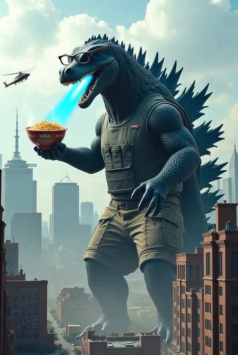 a huge Godzilla wearing glasses，wears bulletproof vests and khaki shorts，Clutching ramen in his hand， standing in the city ，spitting blue light into a helicopter with a big mouth