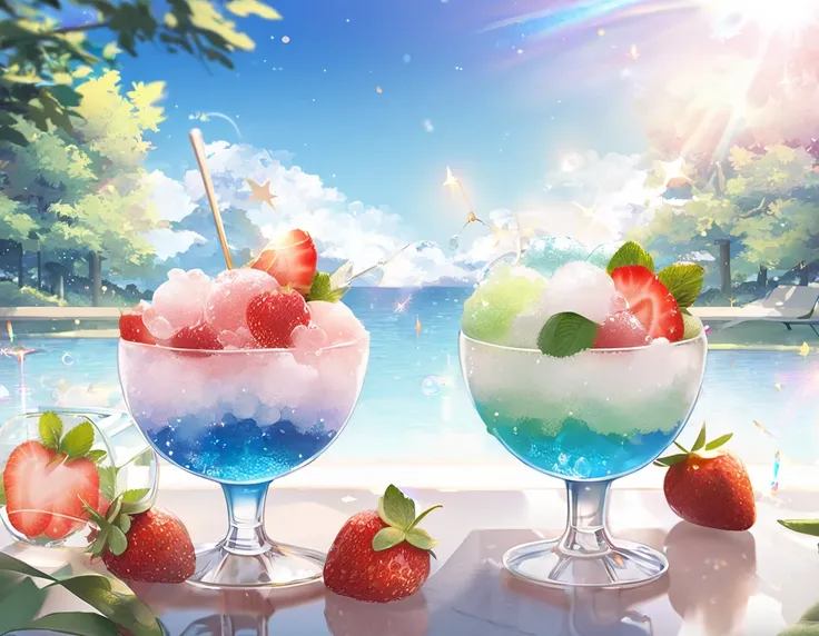 「「served in a clear glass container with fresh strawberries、The background is a park landscape with a blue summer sky and sunlight shining in。It creates an overall fresh and cool atmosphere。Shaved ice shimmers and sparkles、Appetizing and charming。」
