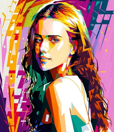 A close up of a painting of a Woman, WPAP woman, Colored movie art, Vector Art Style, vectorial art, Vibrant Fan Art, , vectorial art multicolorida, in digital illustration style, art of alessandro pautasso, Premium work of art