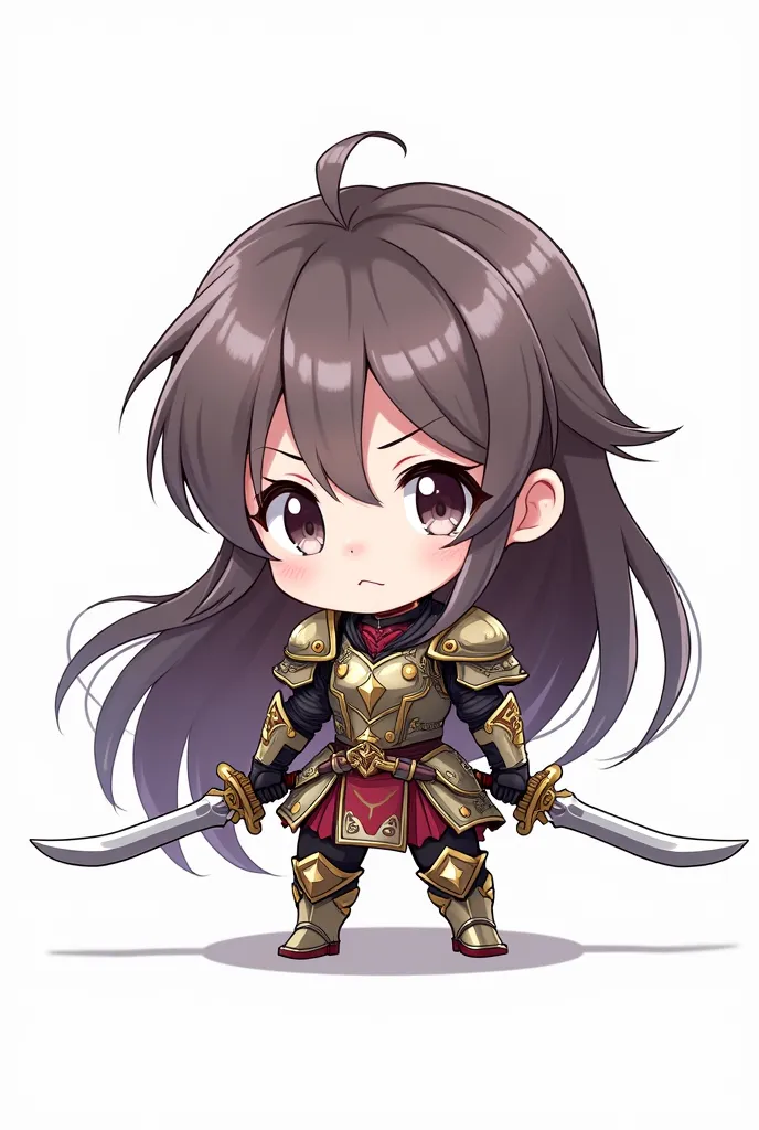 Chibi woman with long hair with two swords and armor on white background