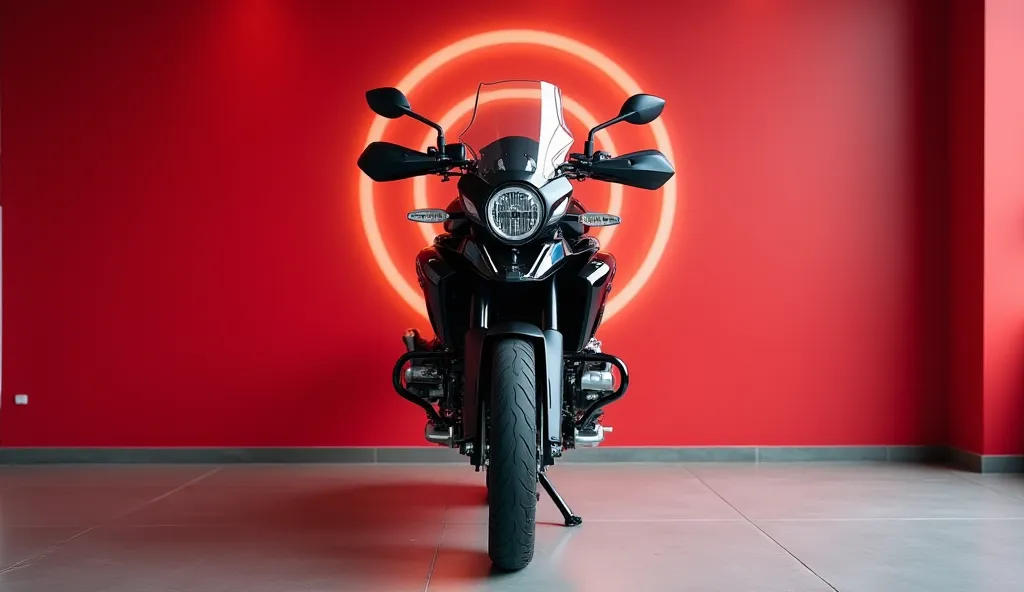 Front view BMW G 310 GS black fully modified , displayed in showroom , red wall on background, A large logo on back wall look like realisplayed in showroom , red  wall on background, A large logo on back wall look like real