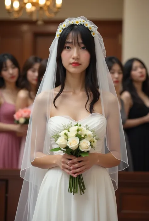 (japanese lady:1.1), (cool beauty:1.3), (30 years old:1.3), (straight long hair:1.3), (black hair:1.3), (big bust:1.3), (slim body:1.3), (hold a small bouquet with both hands:1.3), (white mini veil:1.3), (she is completely naked except for the veil:1.3), (...