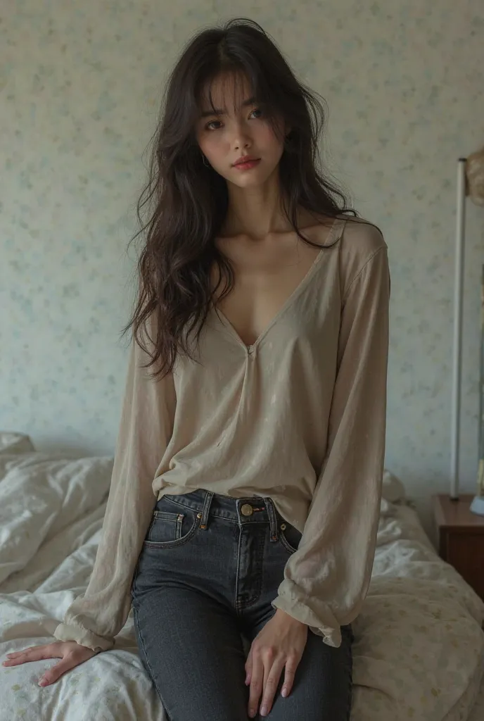 With dark jeans and long top and front view of girl