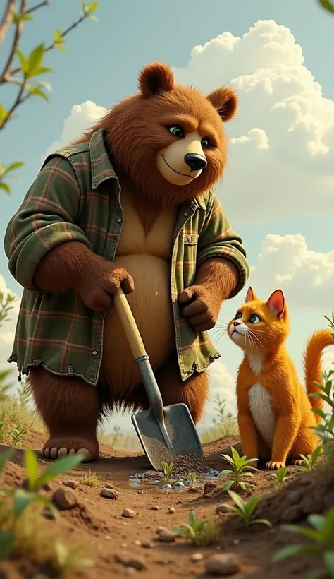 Outside, they begin to apply what they have learned:
Bruno (a large, strong anthropomorphic brown bear wearing a torn plaid shirt and worn boots) digs deep furrows in the earth with a large shovel, sweat dripping down his brown fur.
Theo (an anthropomorphi...