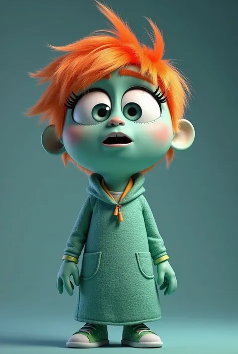 Create a character inspired by the movie Inside Out. The character who is teal with orange hair. The character will represent the emotion of surprise, So he has to have a surprised face. who is tall and large , with a human shape and its teal skin, Your cl...