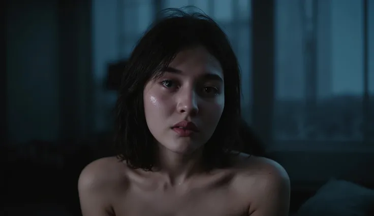 A beautiful young woman with a very sad expression, crying bitterly. Her eyes are full of tears and dripping down her cheeks. She sits alone by the window in the dim twilight, creating a melancholic atmosphere. Her hair is a little messy, her shoulders are...