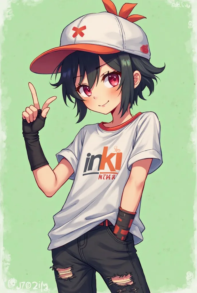 Based on a drawing, a cute boy, with a beautiful white hat, hair Black with red tips, with a beautiful Niki shirt, with ripped black jeans, with an arm warmer, beautiful smile, green background, making a beautiful pose 