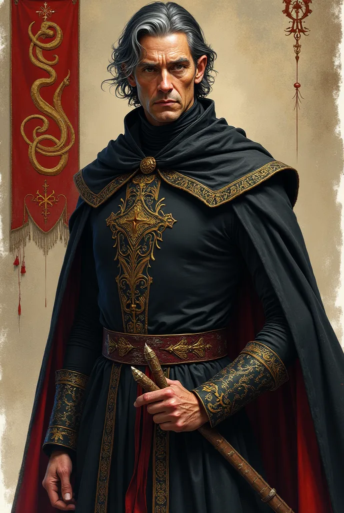 A realistic medieval fantasy portrait of a 48 year old man. He is thin, but with an imposing posture, always upright. He has dark brown eyes, penetrating and always calculating, black hair with gray highlights, well combed and aligned. Pale, almost sickly ...