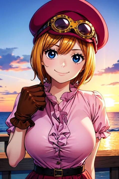  masterpiece,  best quality , 8k, ultra  Hi-Res,  best quality ,   anime style, best writing ,  beautiful face, masterpiece、 Squeeze Boobs ,  Hi-Res、 very well detailed、koala \(  dress\)、  above Decorati has  、Cabbie   above Decorati has  、Hat and goggles、...