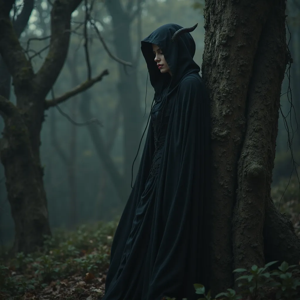 a female demon, wearing a black cloak, hooded cloak, eyes closed, in a dark forest, leaning against a tree, taking a realistic photo