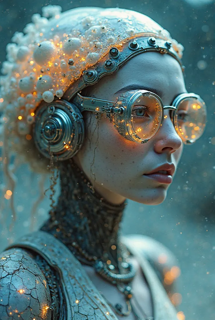 Ethereal Cyborg Woman, bioluminescent jellyfish tiara.  Steampunk glasses fuse with translucent tentacles . Cracked porcelain skin meets iridescent scales. Mechanical implants and delicate tendrils intertwine. Human characteristics with an otherworldly glo...