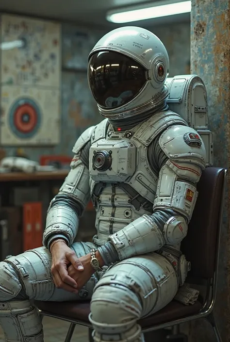 Create me a drawing of an astronaut sitting in a building 