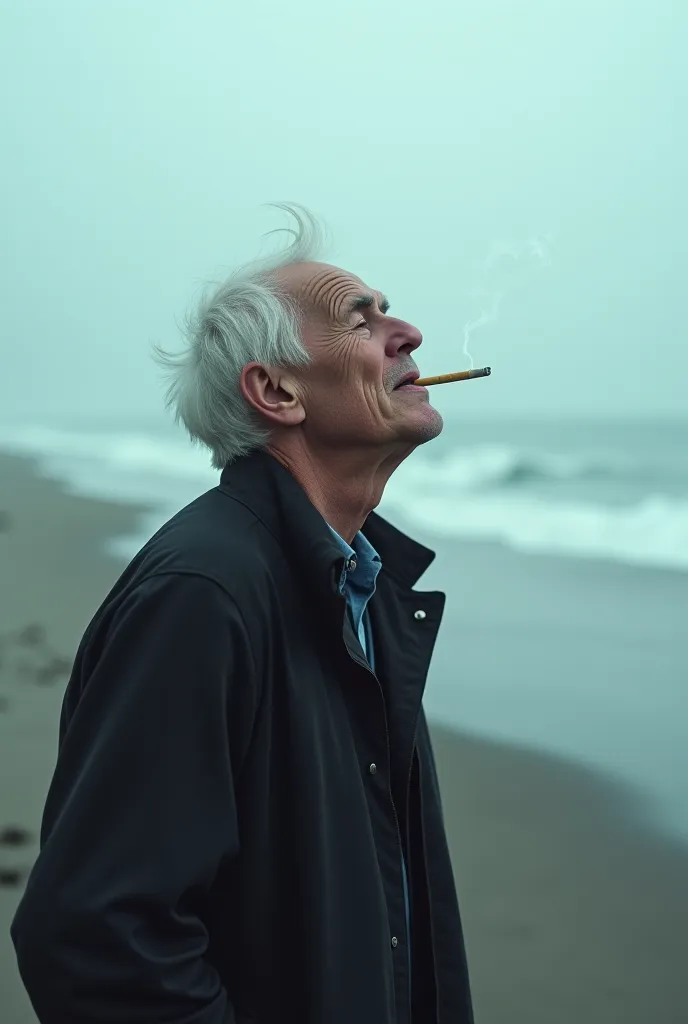 Image Generation Request:

Background: Foggy beach
Person: Older person smoking, headbanging with enjoyment while listening to music
Mood: Relaxed, nostalgic, and cool vibe