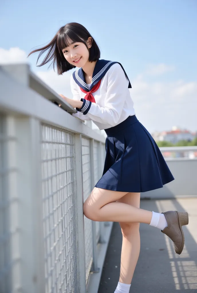 A photo of a beautiful Japanese actress taken for a promotional video. . Shooting data: Full-frame digital camera, 50mm, f14.1/125sec, iso100, daylight 1girl,17yo smile Bobcut　big eyes　round face　High school rooftop, Japanese high school girl, hanging on f...