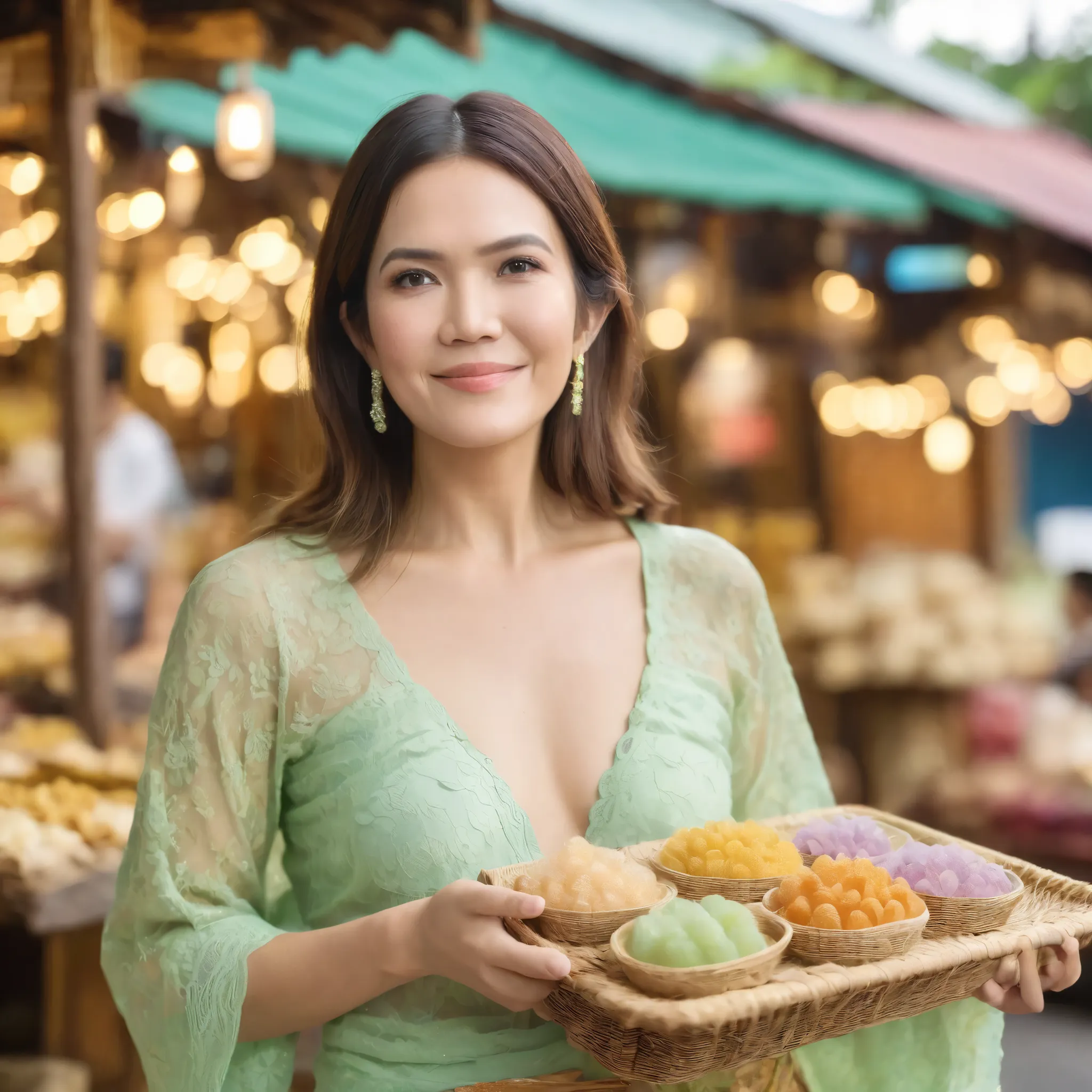 best quality, highres, 8k, masterpiece, photography, detailed midbody photorealistic portrait. Mandy Moore walks through Geylang Serai, wearing an elegant pastel green lace lingerie set inspired by the baju kurung, featuring a soft lace bralette with long ...