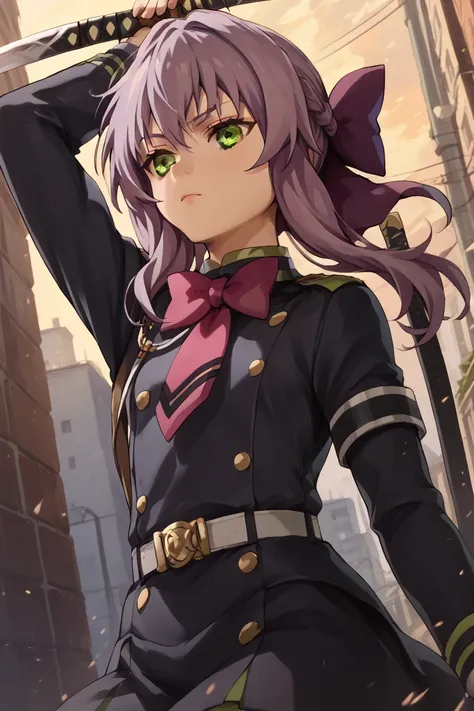 angle, perfect quality, best quality, absolutely eye-catching, masterpiece, absurd res, 1girl, solo, adult_girl, pretty_face, aashinoa, long hair, purple hair, hair bow, brown eyes, small breasts, uniform, black boots, (black_uniform), (black_military unif...