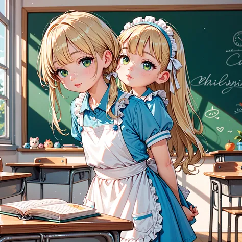 closeup shot,toddler,round face,Shining Green Eyes,white ribbon,beautiful skin, wearing an apron,long blonde hair,Hands Behind Back,Old classroom