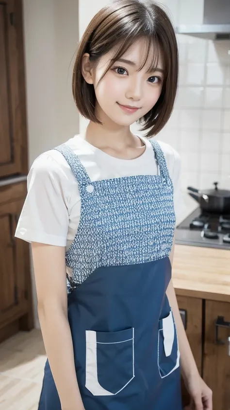 Short Hair,light hair,Sexy Apron,young beautiful girl,super slender body,Correct human body,detailed eyes,detailed face,beautiful face,cute face,beautiful skin,Eyes of the same size left and right,droopy eyes,embarrassing smile,highest resolution,Best Qual...