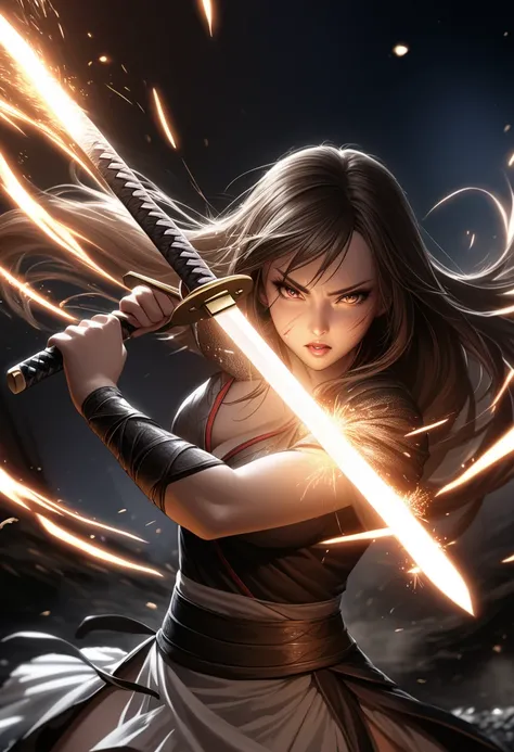 (beautiful anime girl:1.3), A fierce female warrior mid-swing with a glowing katana, her stance wide and powerful, dust and sparks flying from the impact, her long hair whipping around her face, dramatic lighting, hyper-realistic detail