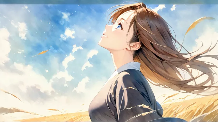 High quality realistic painting,standing picture of a beautiful mature Japanese woman,Mysterious profile,long brown hair fluttering in the wind,The expression looking up at the sky and smiling, wide angle shot, Soft Light ,watercolor texture,Blue sky backg...