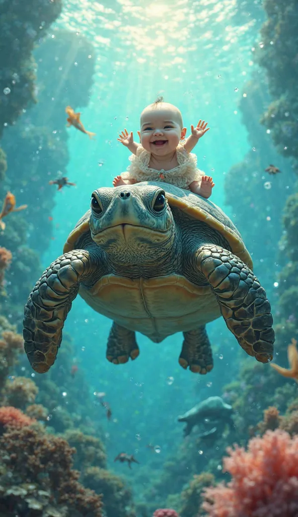 
10. "A smiling baby riding a giant, friendly turtle through a mystical, underwater kingdom with sparkling treasure chests and mermaid friends."