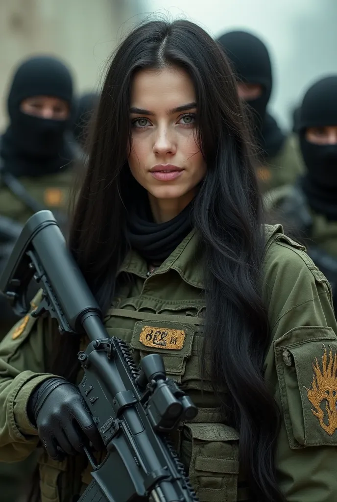 She is the queen of drug trafficking, beautiful white skin, green eyes, long black hair, wears military-colored clothing with bulletproof vest behind her 7 warlike soldiers with black balaclavas and in their hands, gun r15 of background, vans with the logo...