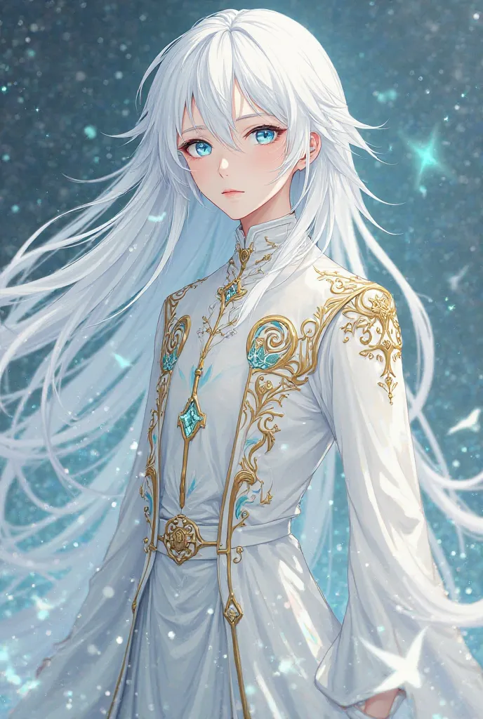 Make images for me: a very handsome 16-year-old albino boy with long white hair and blue eyes and white skin he wears white clothes with gold details he belongs to an anime universe