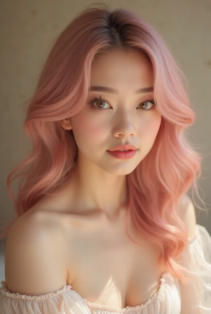 A delicate and graceful woman with soft, almond-shaped eyes that sparkle when she smiles. She has soft pink hair that falls in gentle waves just above her hips. Her skin is fair and flawless, with a subtle, natural glow. She has a curvy frame with an ample...