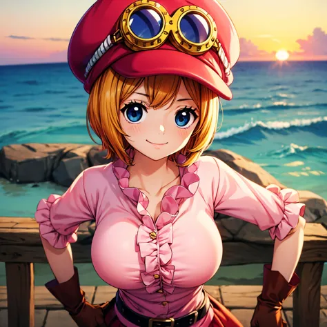  masterpiece,  best quality , 8k, ultra  Hi-Res,  best quality ,   anime style, best writing ,  beautiful face, masterpiece、 Squeeze Boobs ,  Hi-Res、 very well detailed、koala \(  dress\)、  above Decorati has  、Cabbie   above Decorati has  、Hat and goggles、...