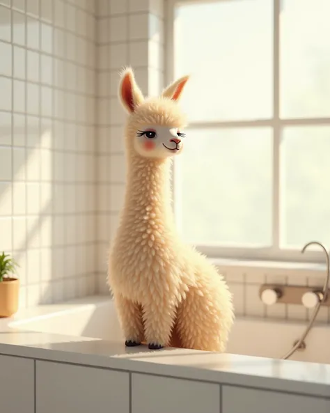 A llama in the bathroom doing skincare. She's applying cream on her face.

