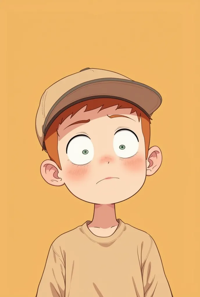  cartoon, a young boy with a light brown baseball cap. The cap has a straight brim and covers part of his forehead and ears.  he has short red hair, fair skin with visible freckles,  and light eyes,  possibly blue or green . His expression is serious and a...