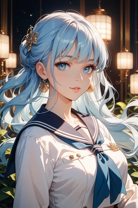 Light blue hair with left eye hidden、girl wearing sailor clothes、I can see my upper body、front