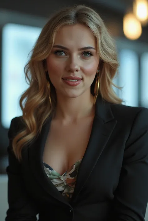 Mid-shot portrait of a beautiful scarlett johansson in his 30s in an hi tech office with blazer and a shirt under , deep cleavage, big breasts, thick thighs 