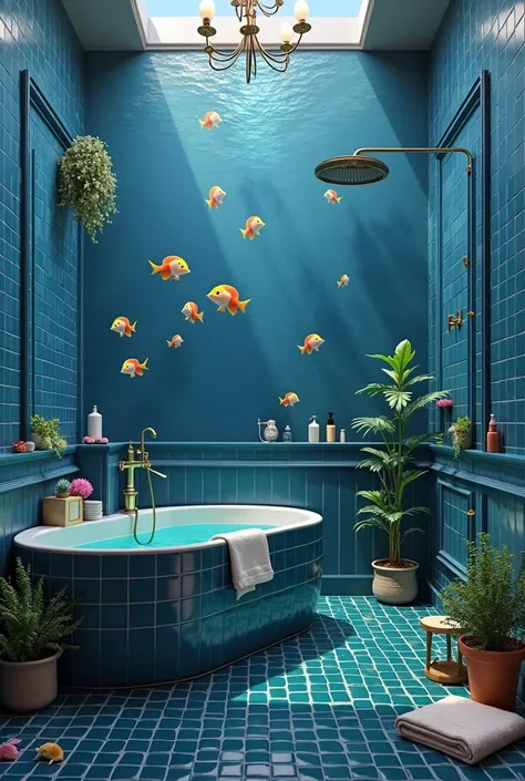 bathroom　 bathtub　shower　 dresser 　dark blue small tile wall　dark blue small tile floor　 Fantastic　hair care items　realistic　Floating tropical fish　Lots of tropical fish　