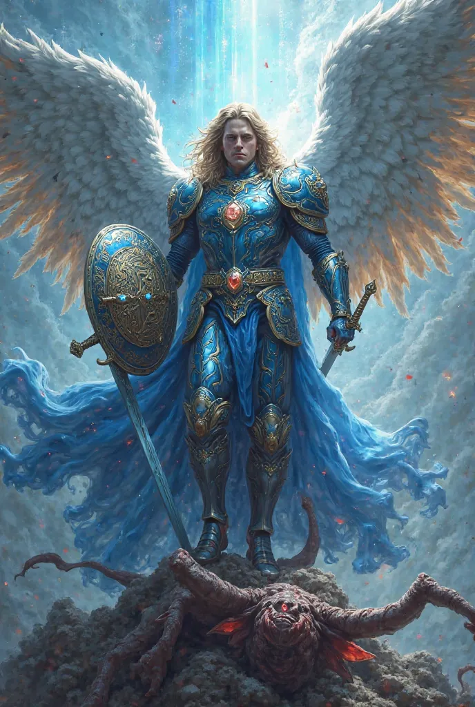 Archangel Michael dressed in blue armor stomping on the devil and holding a sword and shield