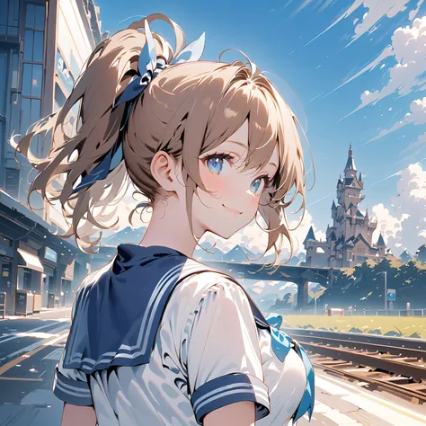  {Castle in the Skyの前}、age Girl、 normal breasts 、(brown hair)Sailor uniform,Blue Sailor Suit,,  blue eyes,smiles,  in front of Shimokitazawa station, Hi-Res, solo, Castle in the Sky、blue sky、Castle in the Clouds、Infinite horizon、ponytail, high definition m...