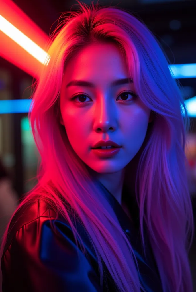 Candid of a beautiful Korean woman with long light purple hair, illuminated by striking red and blue neon lights. The red light warmly illuminates her face, highlighting her cheekbones and lips, while the blue light reflects off her hair, creating a cyberp...