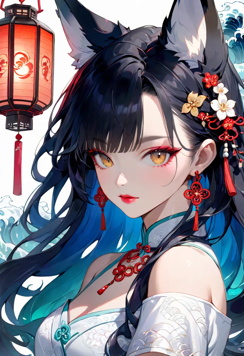  masterpiece, Best Quality,   oconnor  , (white background: 1.4), [    glitter], [  staring at the viewer  , portrait, art ], (long hair,  lantern, Wave Curl,  MULTI-COLOR TWISTED SWORD BY 1 BEAUTIFUL CHINESE GIRL: 1.3,    fluffy fox ears, ),   WHITE OFF S...