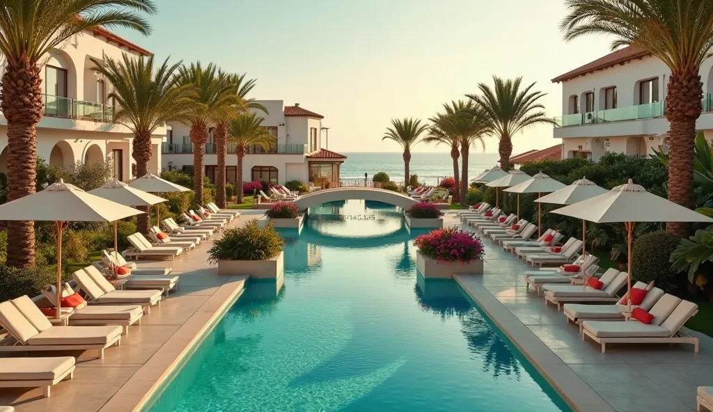 A 16:9 wide YouTube video image of a luxurious hotel on Mallorca, viewed from an elevated angle during the golden morning light. The hotel features a sprawling white building with Mediterranean architecture, red-tiled roofs, and arched windows framed by lu...