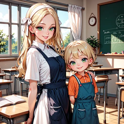 closeup shot,toddler,round face,evil smiling,Shining Green Eyes,white ribbon,beautiful skin, wearing an apron,long blonde hair,Hands Behind Back,Old classroom