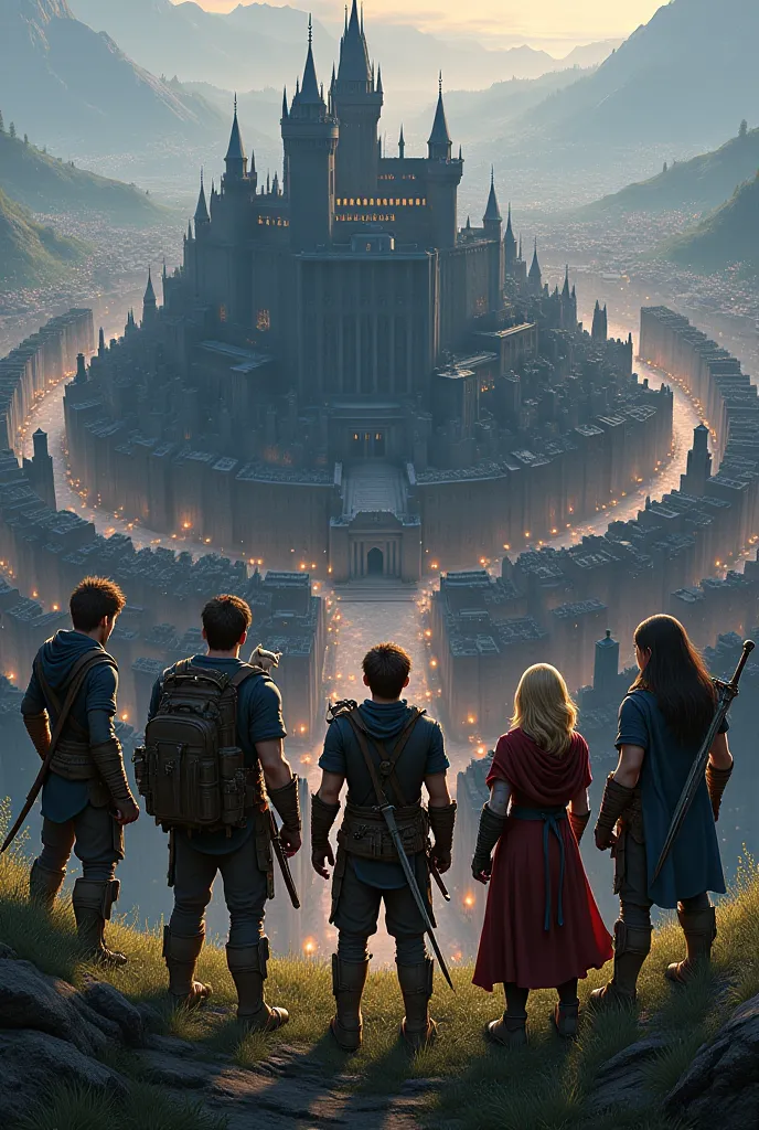 Image Description:

Five adventurers stand atop a grassy hill, gazing at a massive medieval city below. The city is vast and thriving, with towering stone buildings, narrow streets, and countless lights flickering in the evening haze. At its center, a colo...