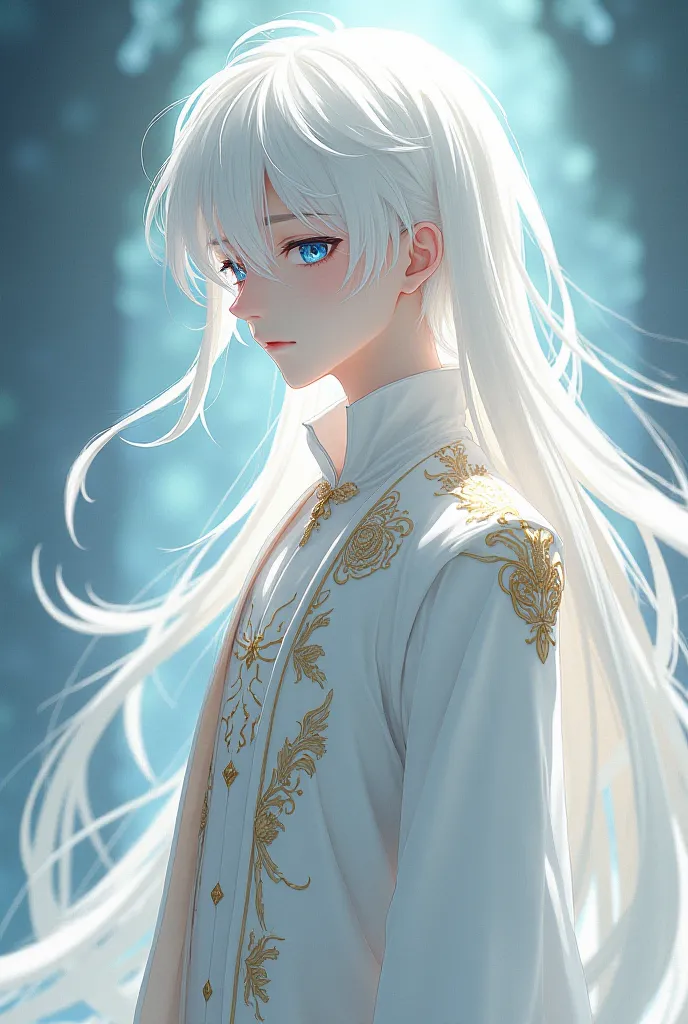 Make images for me: a very handsome 16-year-old albino boy with long white hair and blue eyes and white skin he wears white clothes with gold details he belongs to an anime universe