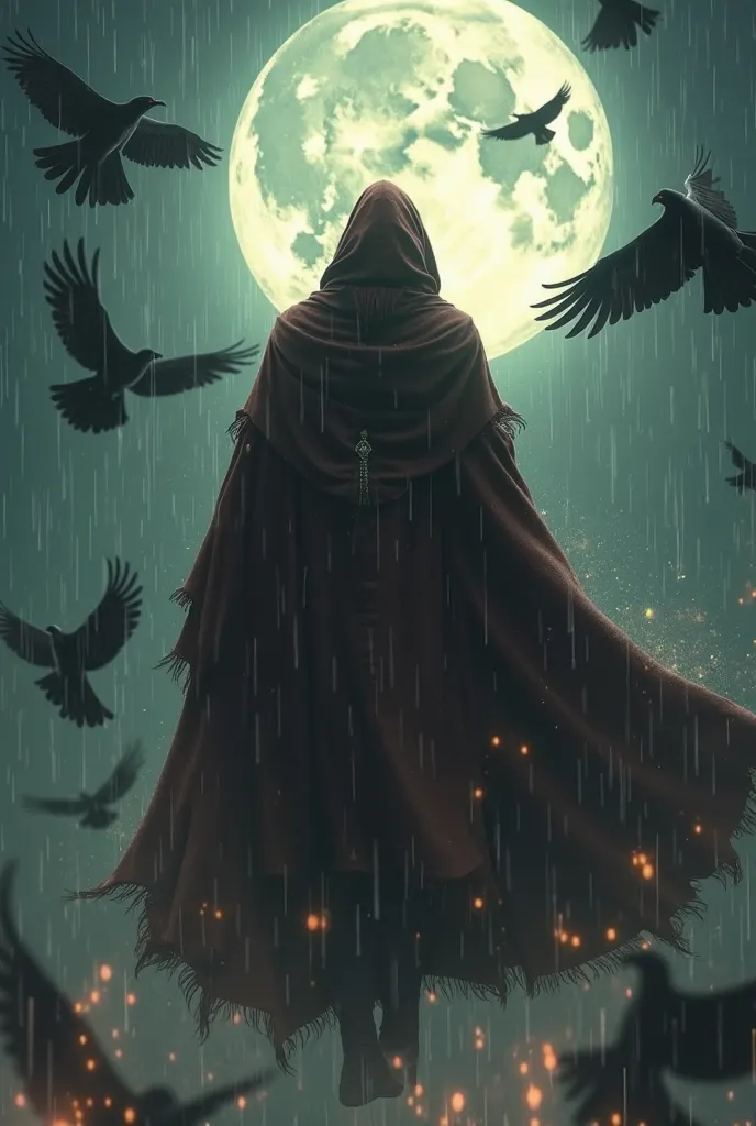 A possesed demonic priest wearing brown christian priest hoodie, super villain, levitating in full moon sky rain, emitting demonic lights, back shot, face not revealing, surrounded by black bird, character facing sky, back shot, more birds and demonice lig...