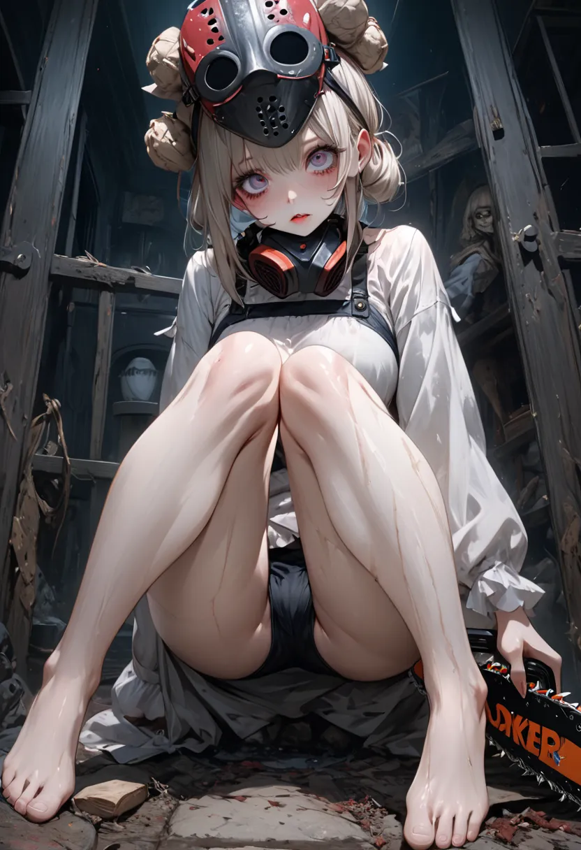 Anime girl with chainsaw and hockey mask on her head, graceful horror art, Detailed 4K horror art,  Fantasy Horror Art ,  horror fantasy art ,  Baker Street 、Ultra High Definition、masterpiece、correct、anatomically correct、textured skin、very detailed、high de...