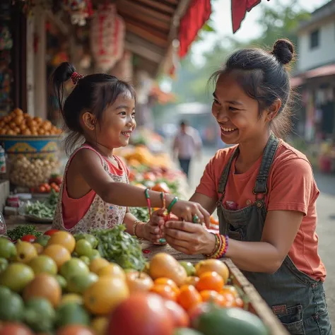 "A young  eagerly helping their mother sell goods at a small market stall. The  is handing an item to a customer with a bright, enthusiastic smile, while the mother looks on with warmth and encouragement. The setting is lively and colorful, filled with fre...