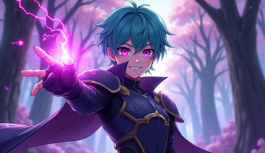 Anime illustration bright rich, guy with turquoise hair and purple eyes, standing in a dynamic pose with a confident smile. He points his right hand forward,  radiating magical energy , painted in rich purple hues.  His eyes are directed directly at the vi...