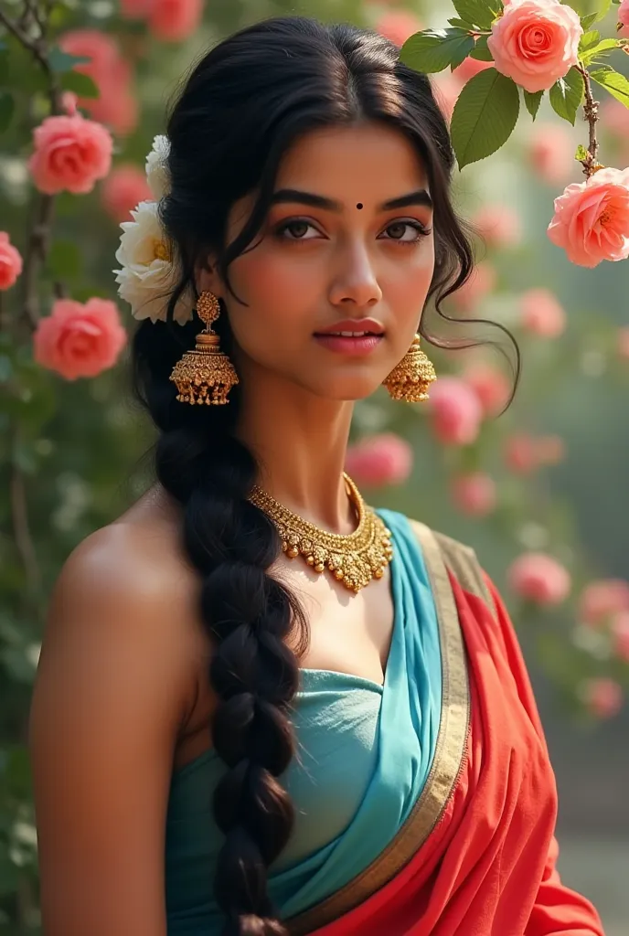 young and beautiful indian women in saree。H
Wearing gold ornaments and earrings 、light blue saree with red gradient、((full frontal shot)) looking at the viewer々A strong presence、Soft Physique and delicate features、Long braided black hair adorned with flowe...