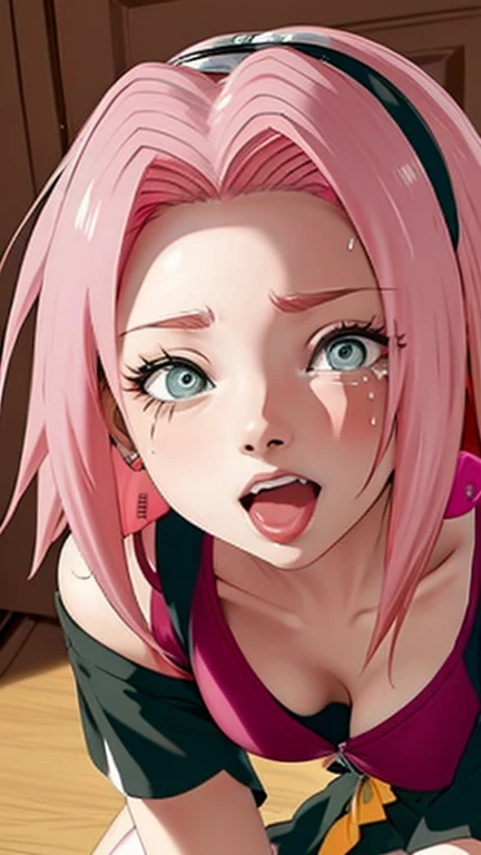 ((1girl, masterpiece， Best quality at best， 1 Girl， Sakura Haruno， ，red clothes，（split)，Grew, to be sexy)), 
((with pink hair， long pink hair， （green eyes:1.4)， Forehead Protection,  Haruno Sakura)),
((tight black glossy shirt)), (dynamic pose:1.1), ((dyna...