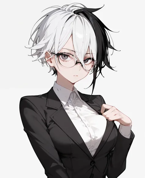 girl, two tone hair, white hair,Black tipped hair, in black eyes, short hair , Tomboy,slim,,Pointed eyes ,Pointy hair,Cool hair Bob ,slim,Tall,Black suit,milf, with glasses, long hair,E cup breast,
