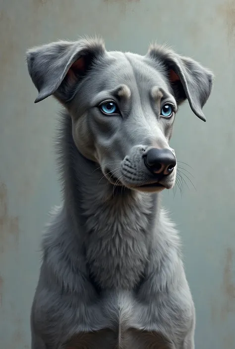 A gray dog with blue eyes talking